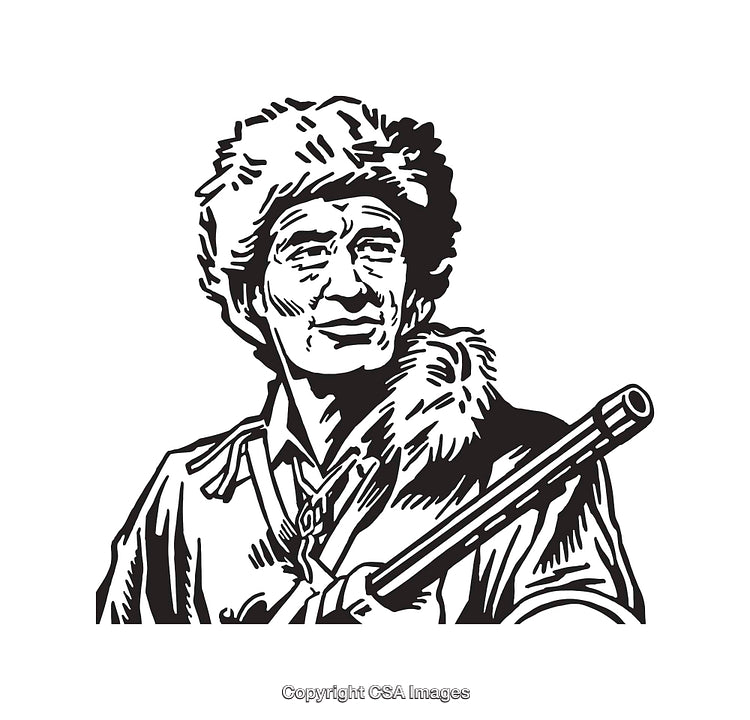 Black and White Illustration of a Fur-Hatted Explorer Holding a Musket