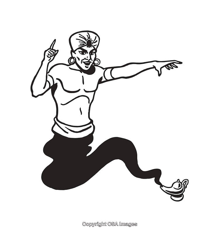 Black and White Genie Illustration Emerging from a Lamp