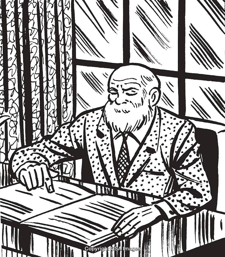 Black-and-White Illustration of a Bearded Man Reading a Book at a Desk