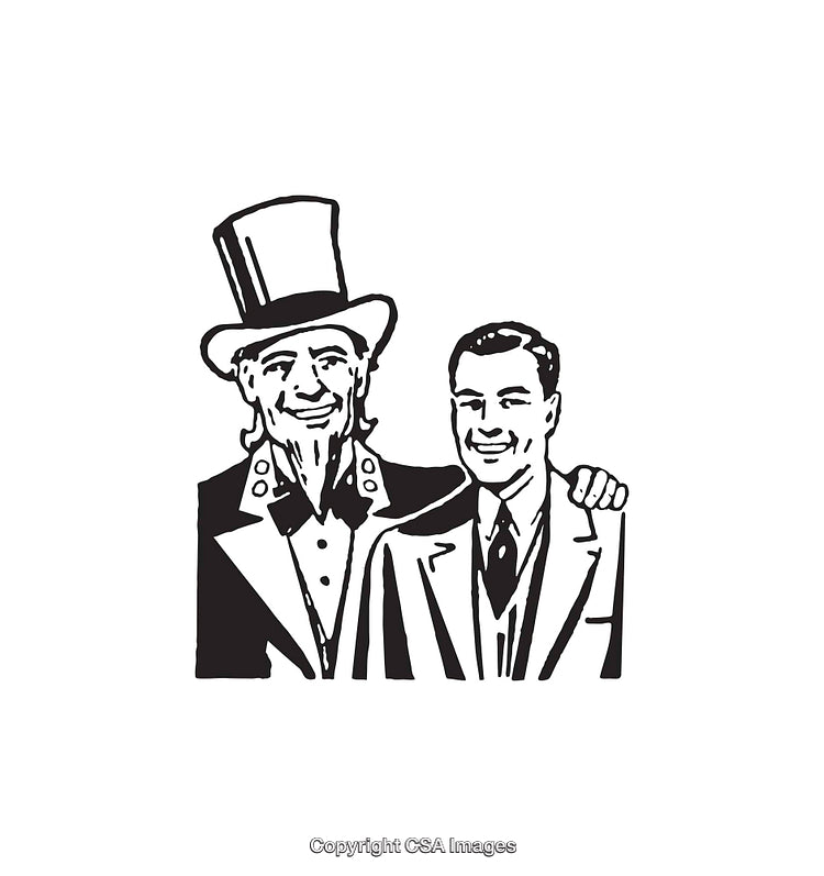 Vintage Black and White Illustration of Two Smiling Men in Suits