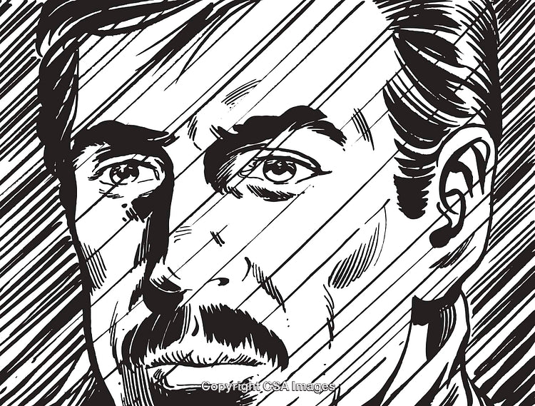 Illustration of a Thoughtful Man in Retro Styled Black and White Lines