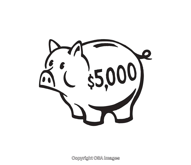 Black and White Line Art of Piggy Bank with $5000 Indicator