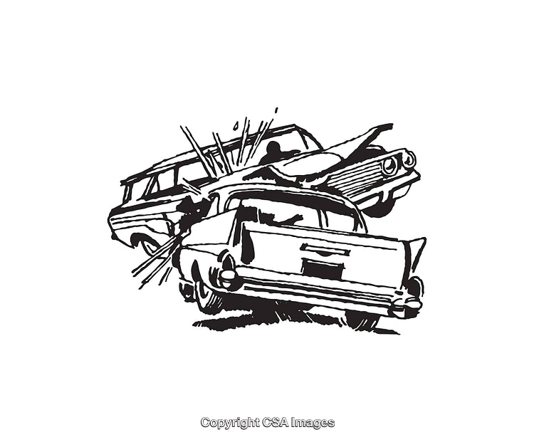 Black and White Line Art Depicting a Dramatic Car Collision Scene