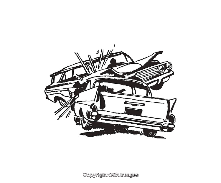 Black and White Line Art Depicting a Dramatic Car Collision Scene