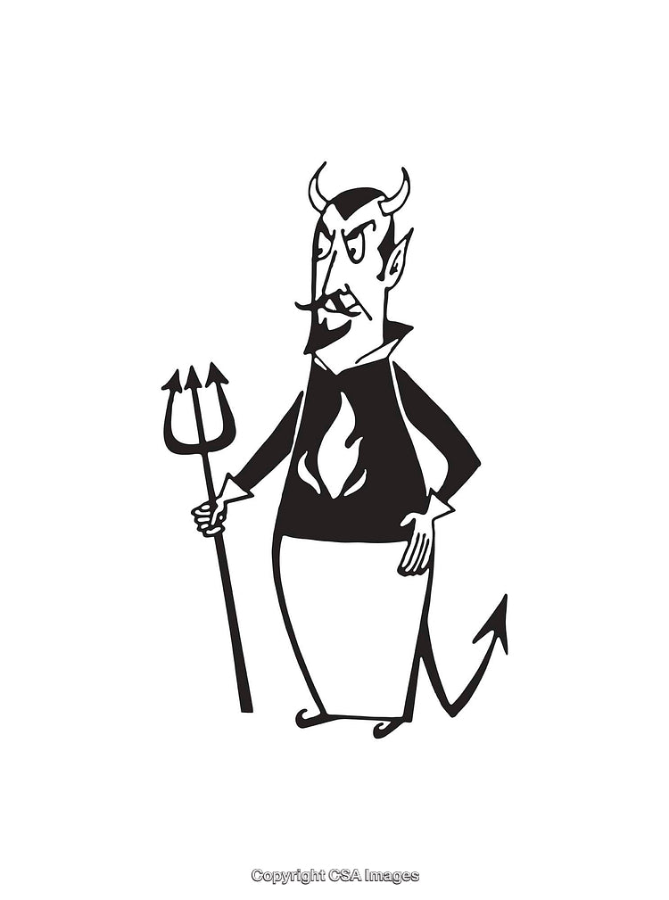 Cartoon Devil Character Illustration with Pitchfork and Flame Motif