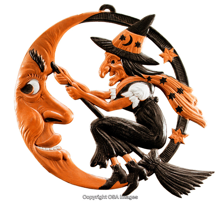 Halloween Witch Figurine Riding a Broomstick With Decorative Moon