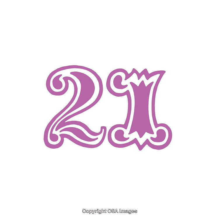 Decorative Number 21 in Purple Ornate Style on White Background