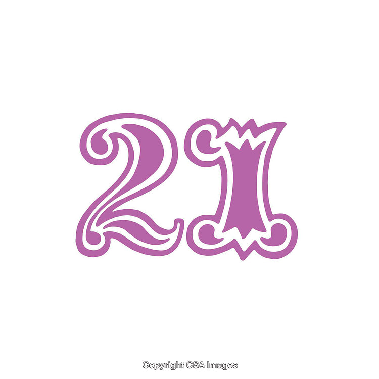 Decorative Number 21 in Purple Ornate Style on White Background