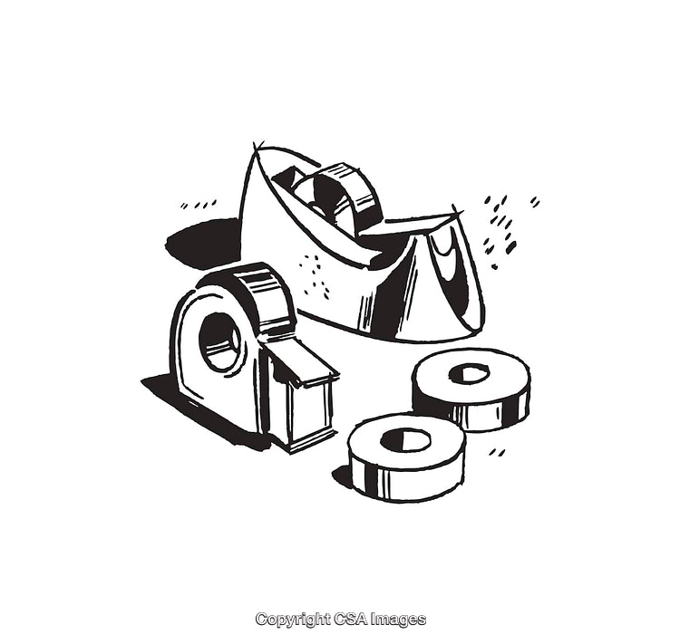 Black and White Line Art Depicting Tape and Dispenser Illustrations