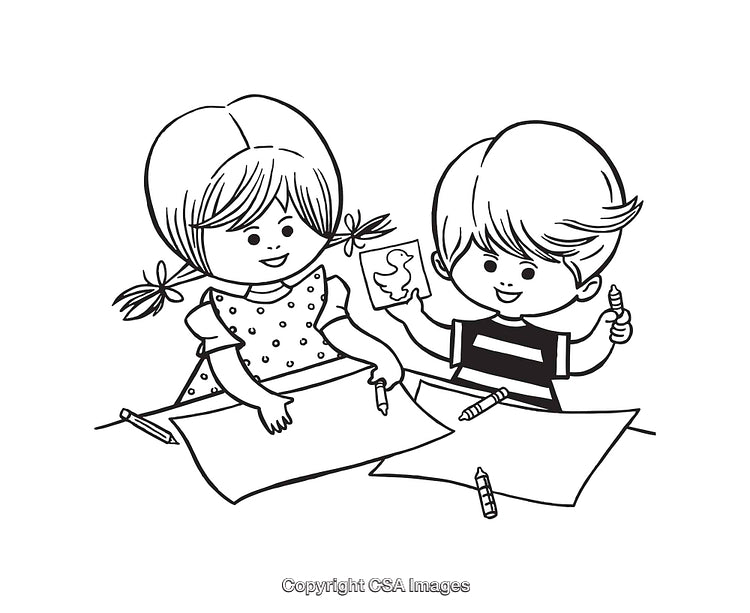Black and White Line Art of Children Drawing Together at a Table
