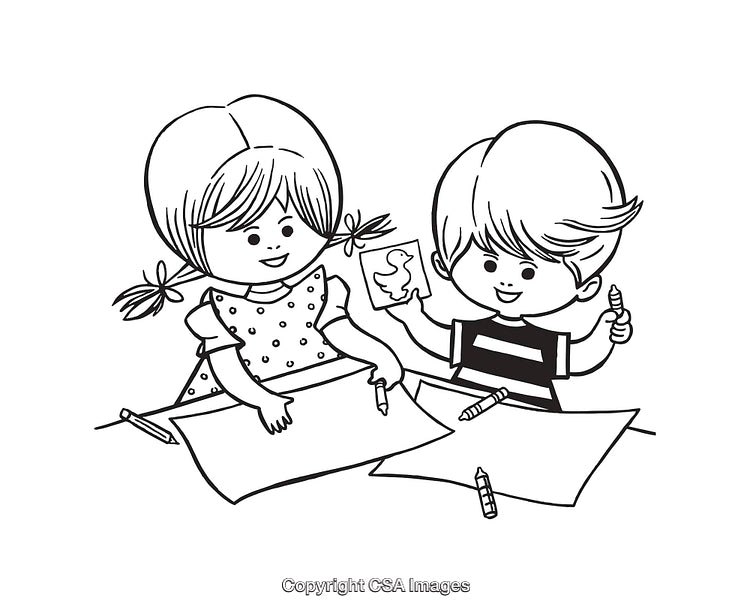 Black and White Line Art of Children Drawing Together at a Table