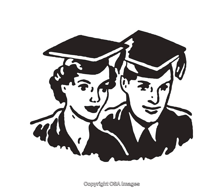 Black And White Illustration of Graduates in Cap and Gown