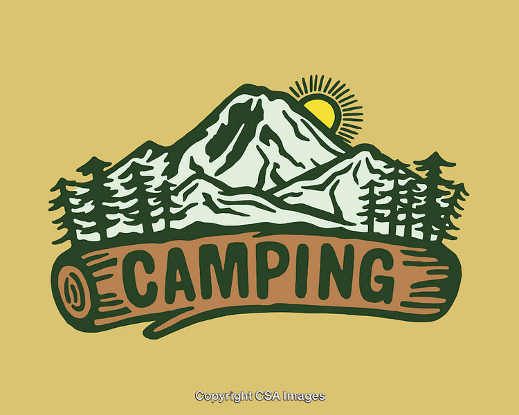 Rustic Nature-Inspired Camping Illustration Featuring Mountain and Forest Elements