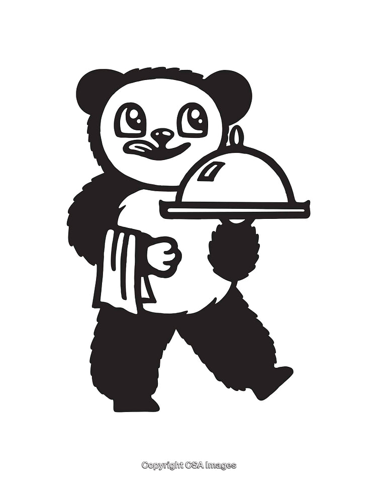 Cartoon Panda Waiter Carrying a Food Tray in Black and White Line Art