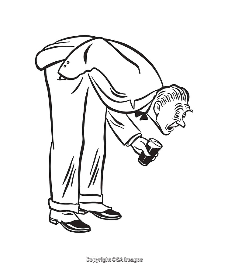 Humorous Black and White Illustration of a Man Examining a Small Object