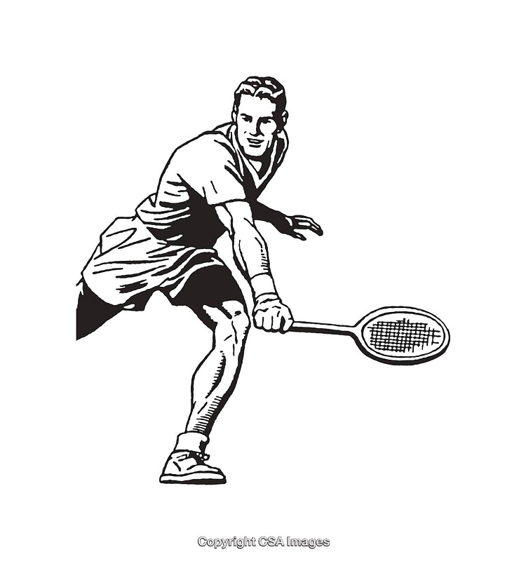 Vintage Black And White Line Art of Tennis Player in Action