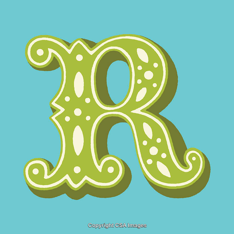 Ornate Letter R with Green Decorative Design on Blue Background