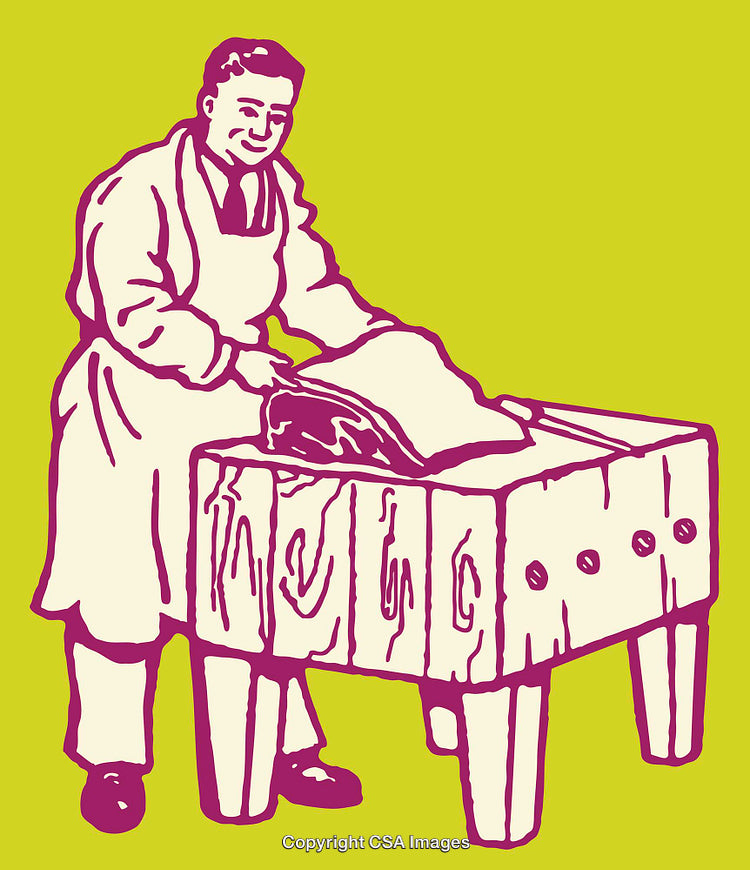 Color Illustration of a Butcher at Work with Cutting Table