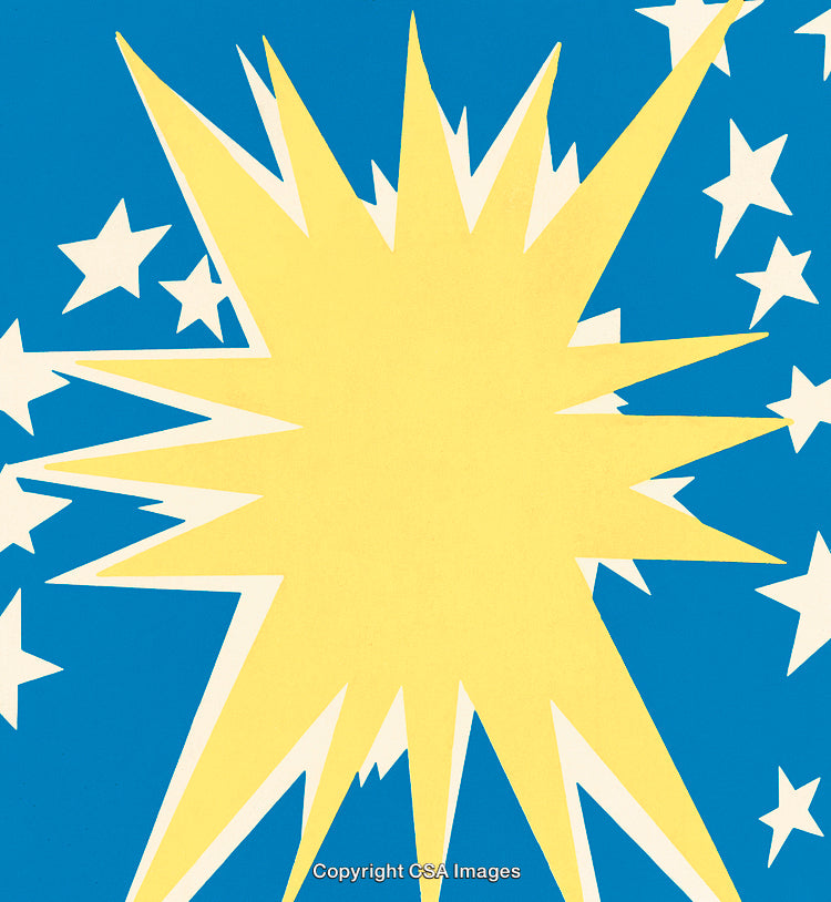 Explosive Yellow Starburst With Blue Background and White Accents