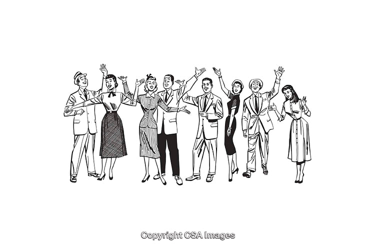 Group of Cheerful People Celebrating Together in Retro Line Art Illustration