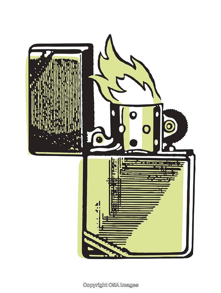 Stylized Color Illustration of an Open Lighter with a Yellow Flame