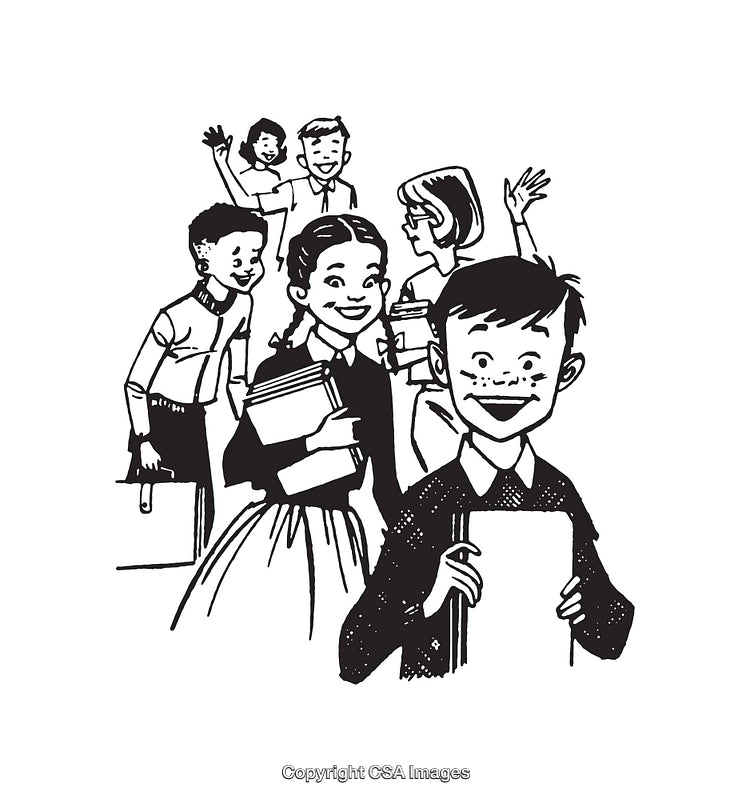 Black and White Line Art Showing Cheerful Students Socializing and Holding Books