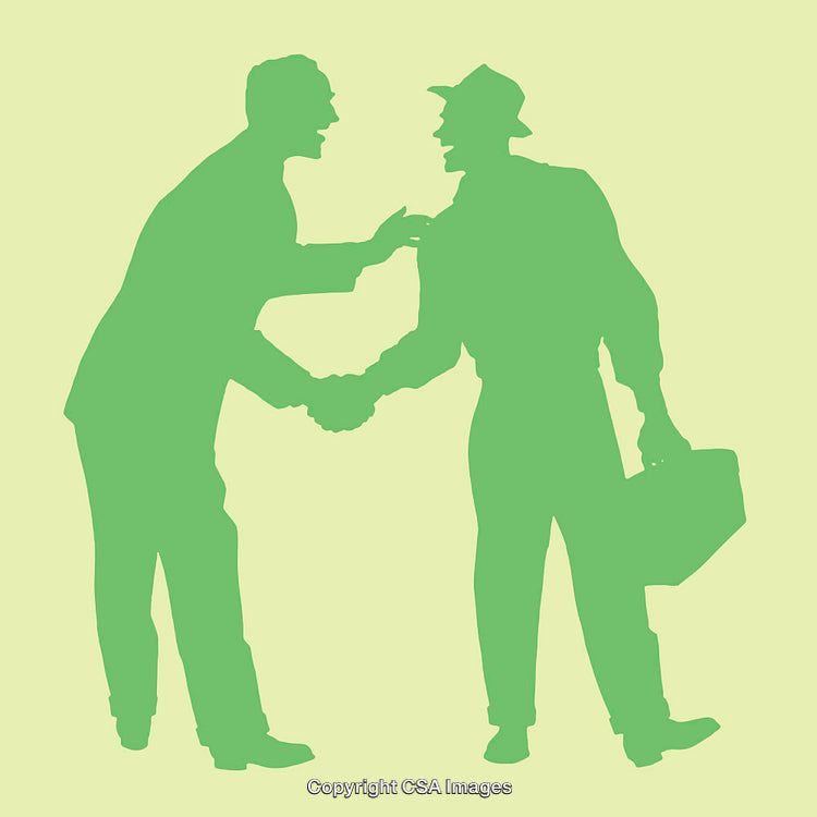 Green Silhouette of Two Individuals in Handshake Gesture on Solid Background