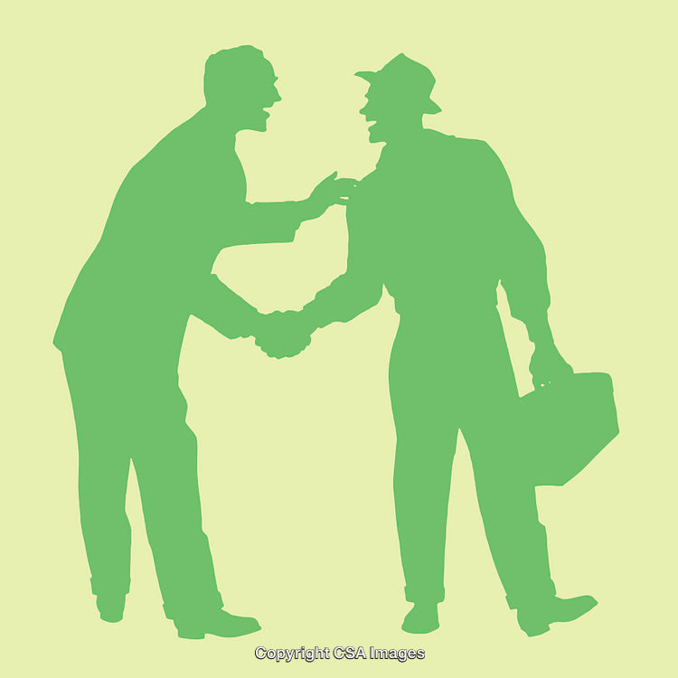 Green Silhouette of Two Individuals in Handshake Gesture on Solid Background