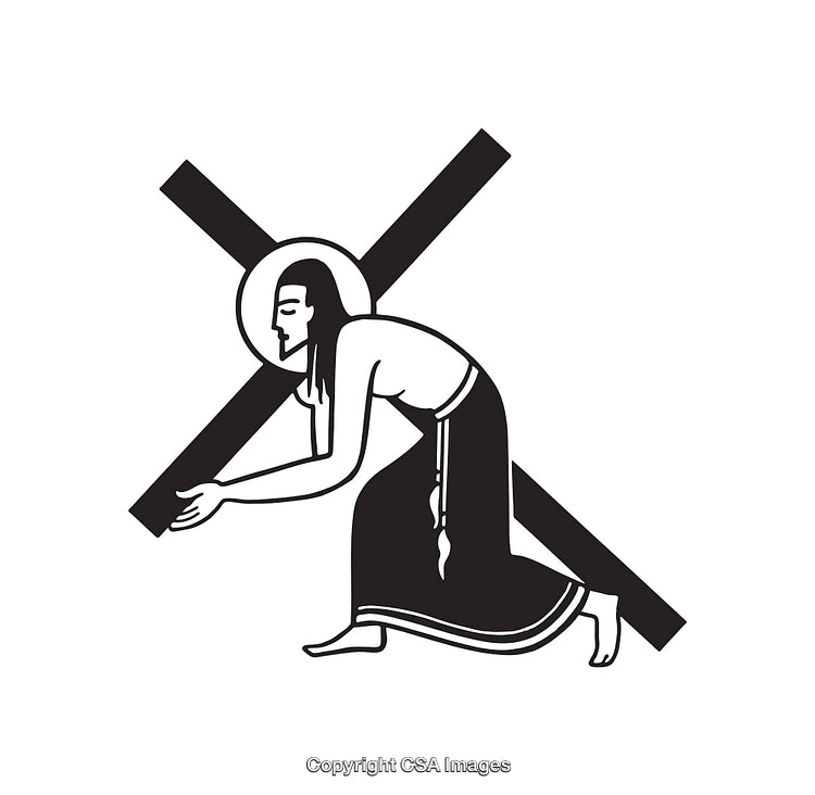 Black and White Illustration Depicting a Religious Figure Carrying a Heavy Cross