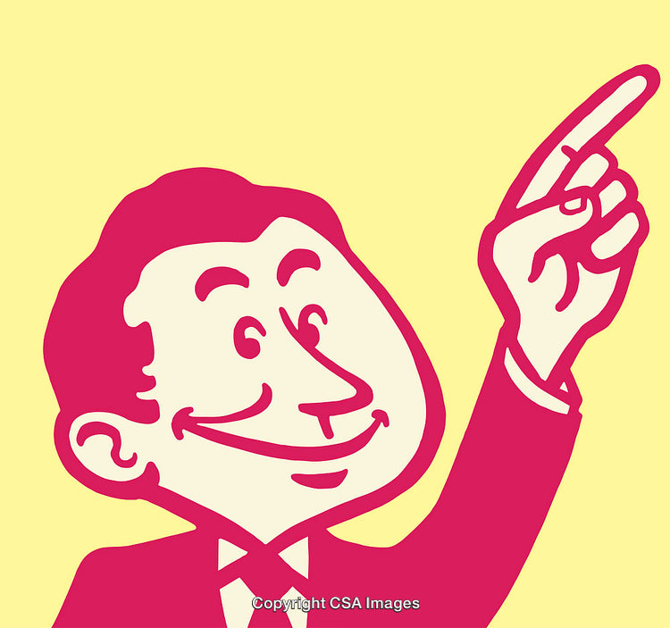 Smiling Cartoon Man Pointing Upward in Vibrant Line Art Design