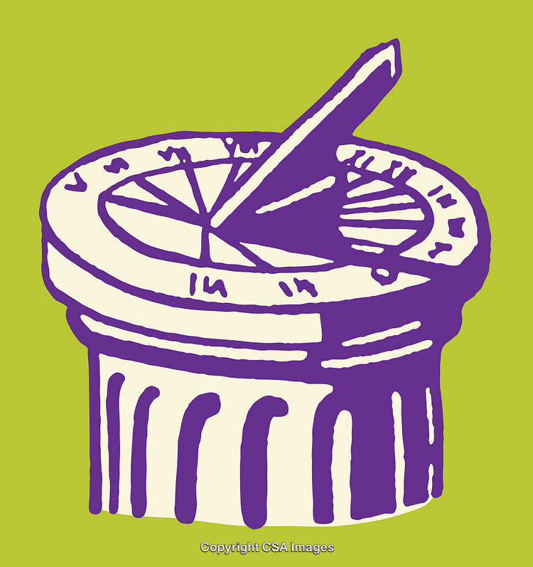 Illustrated Sundial with Bold Purple Design on Green Background