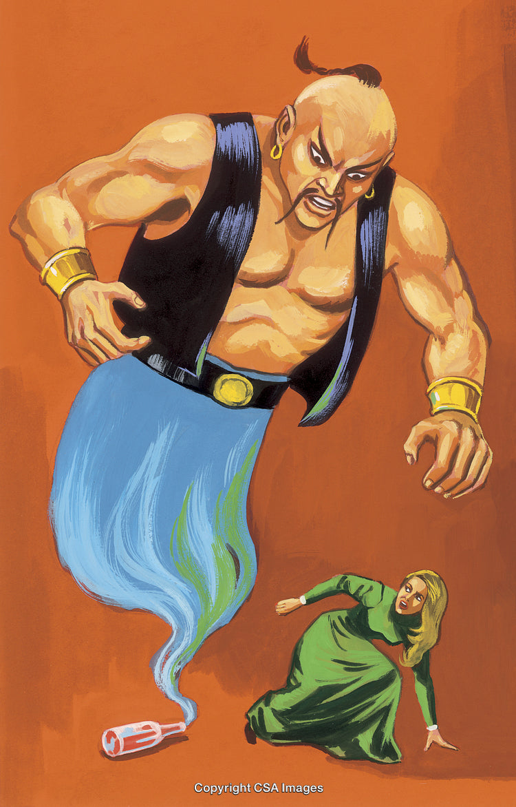 Fantasy Scene with a Genie Emerging and a Woman in Distress