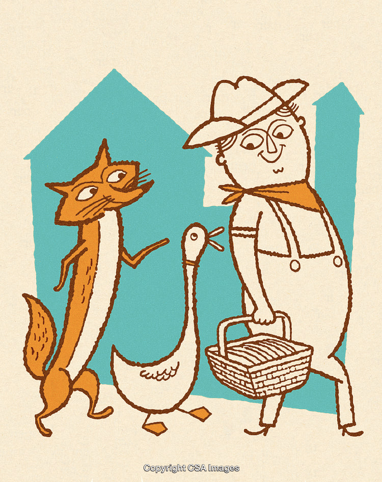 Illustration of a Farmer with Goose and Fox in a Whimsical Style