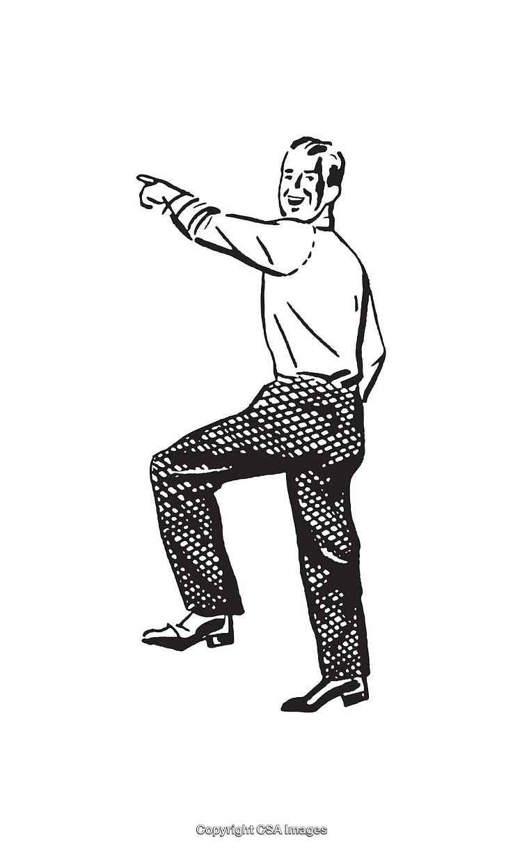 Retro Line Art Illustration of Man Happily Pointing Forward