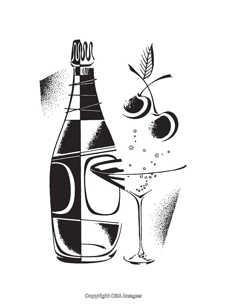 Black and White Line Art Illustration of Champagne Bottle and Cocktail Glass