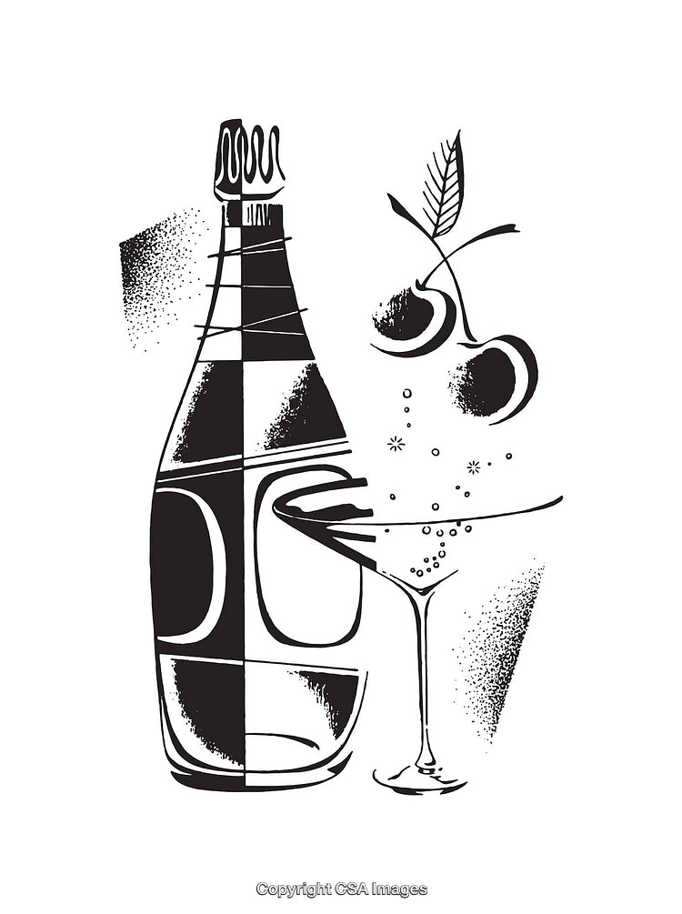 Black and White Line Art Illustration of Champagne Bottle and Cocktail Glass