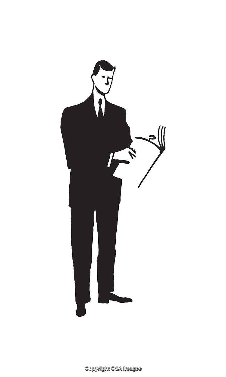 Monochromatic Sketch of a Businessman Reviewing a Document in Formal Attire