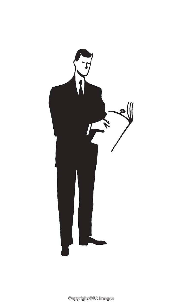 Monochromatic Sketch of a Businessman Reviewing a Document in Formal Attire