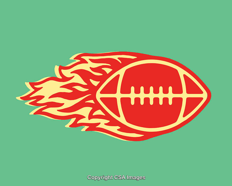 Flaming Football Graphic on Green Background in Bold Color Illustration Style