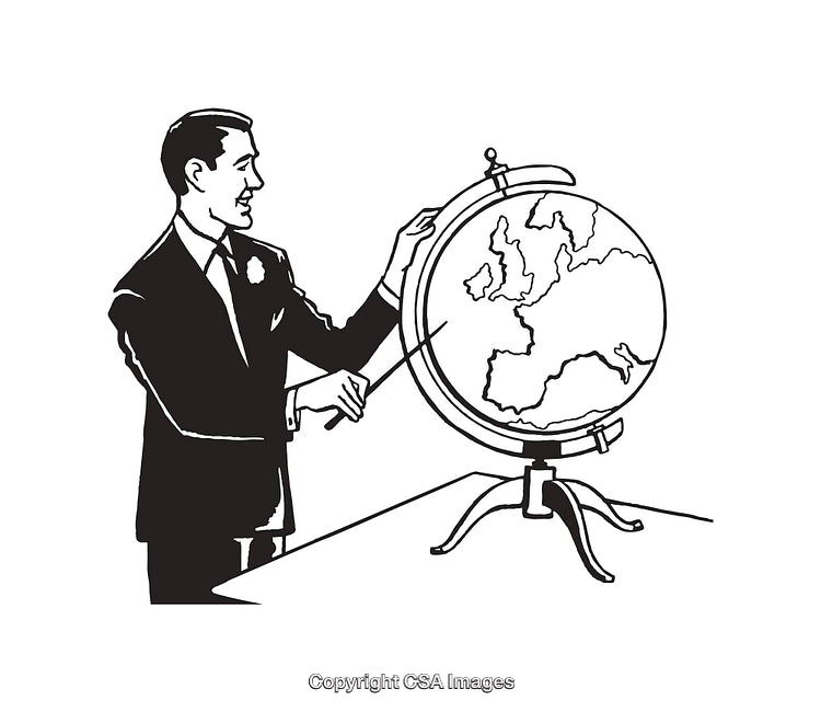 Black and White Illustration of a Man Explaining Using a Globe