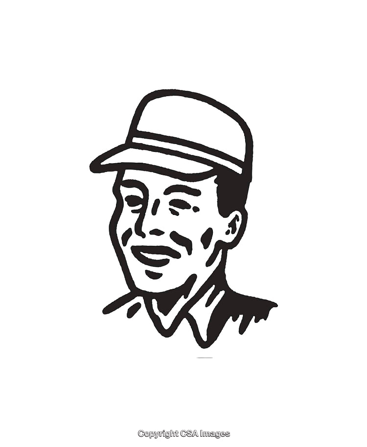 Black And White Line Drawing of a Smiling Man Wearing a Cap