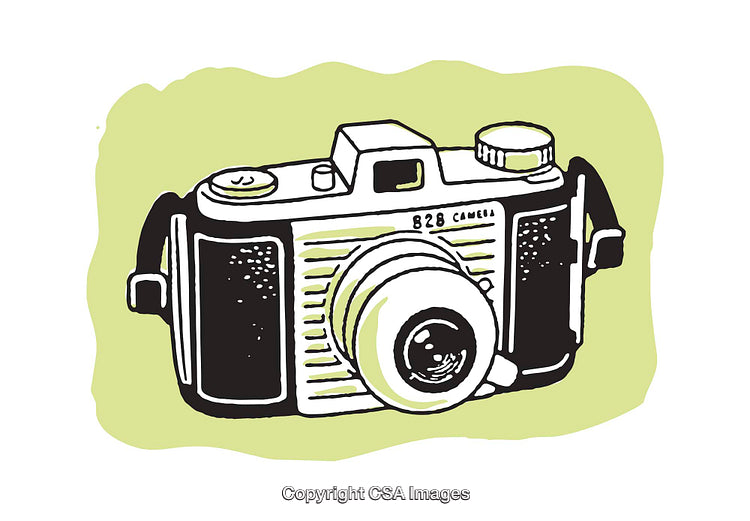Colorful Illustrated Vintage Camera with Retro Style on Green Background