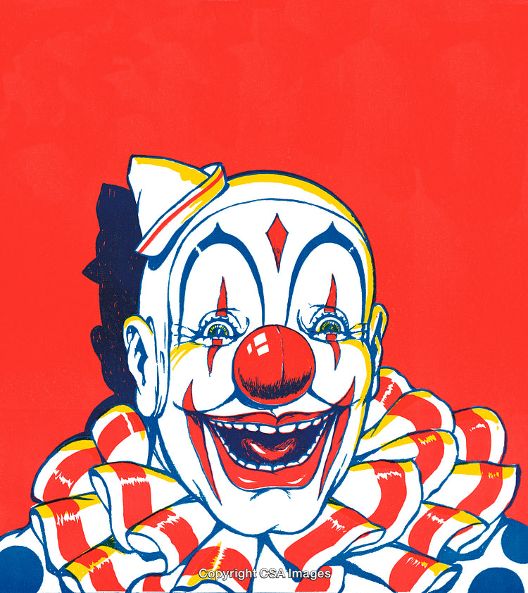Bright Colorful Illustration of a Smiling Clown on a Red Background