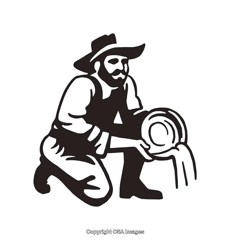 Vintage Illustration of a Prospector Panning for Gold in Line Art Design