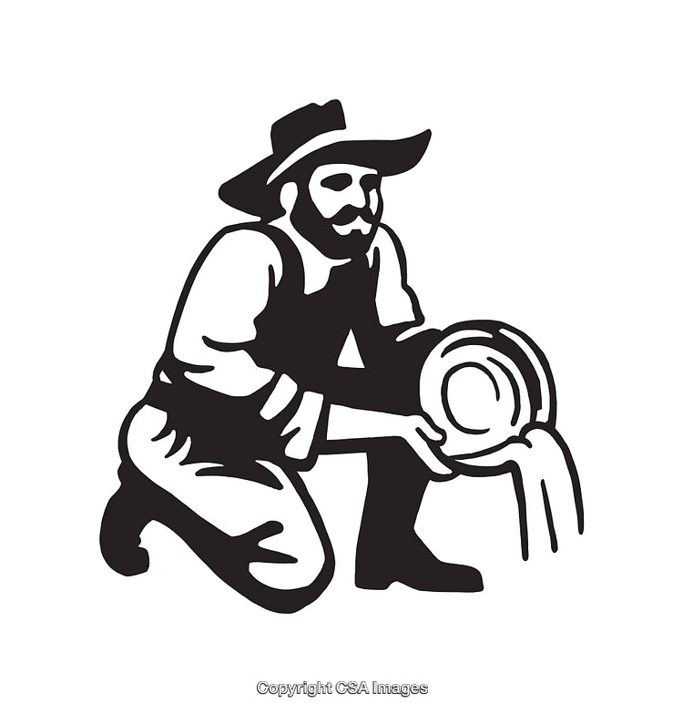 Vintage Illustration of a Prospector Panning for Gold in Line Art Design