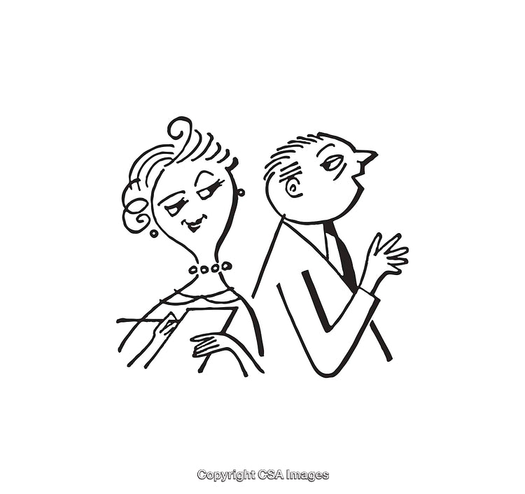 Vintage Illustration of a Discerning Couple in Black and White Line Art