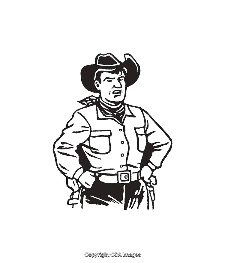 Vintage Cowboy Line Art Illustration in Black and White Artistic Style