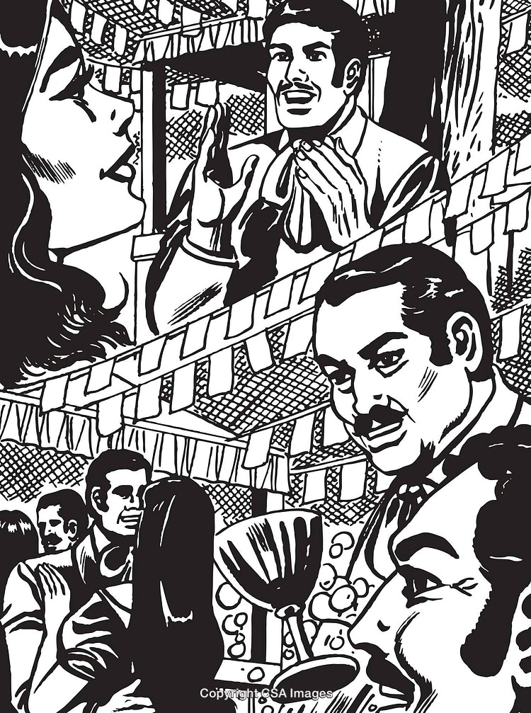 Retro Illustration of Festive Celebration Scenes with Characters and Decorations
