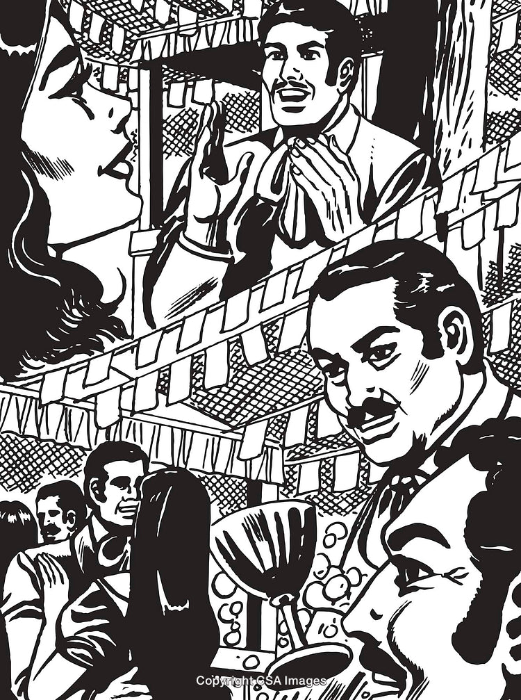 Retro Illustration of Festive Celebration Scenes with Characters and Decorations