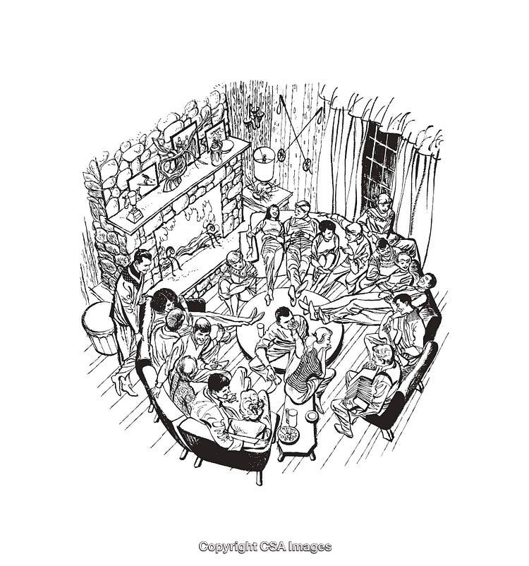 Illustration of a Cozy Indoor Gathering Around a Fireplace